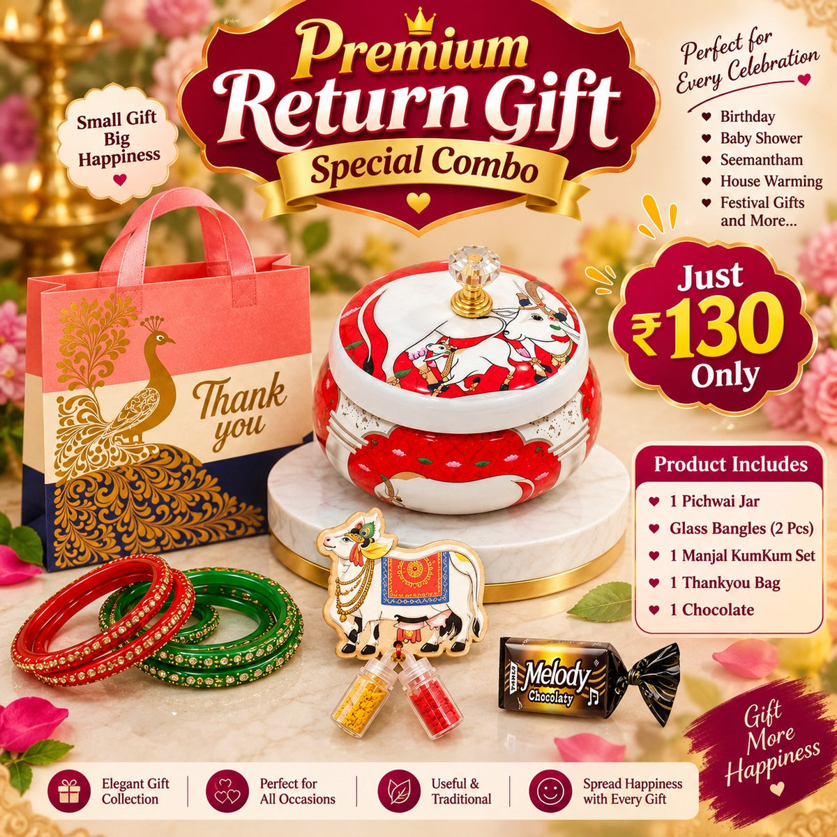 (PRC12) (MOQ: 30 Pcs) Return Gift Special Combo – Pichwai Jar with Glass Bangles, Manjal Kumkum Set, Chocolate & Thank You Bag