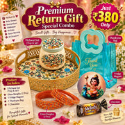 (PRC13) (MOQ: 30 Pcs) Return Gift Special Combo – Pichwai Tray & Jar Set with Glass Bangles, Fridge Magnet, Chocolate & Thank You Bag