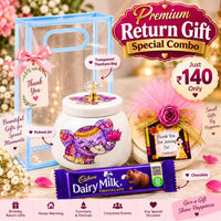 (PRC14) (MOQ: 30 Pcs) Return Gift Combo – Pichwai Elephant Design Ceramic Jar with Cadbury Dairy Milk Chocolate & Transparent Thank You Bag
