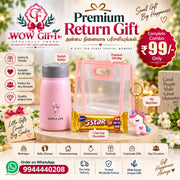 (PRC15) (MOQ: 30 Pcs) Return Gift Combo – Stylish Bottle with Unicorn Keychain, Five Star Chocolate & Premium Gift Bag