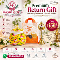 (PRC16) (MOQ: 30 Pcs) Return Gift Combo – Yellow Floral Ceramic Jar with Brass Kuthu Vilakku (Lamp) & Thank You Bag