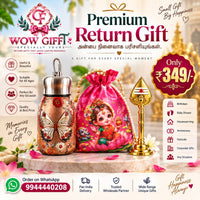(NRC12) (MOQ: 30 Pcs) Return Gift Combo – Print Steel Bottle, Lakshmi Design Pouch Bag & Golden Lotus Shiva Lingam Stand