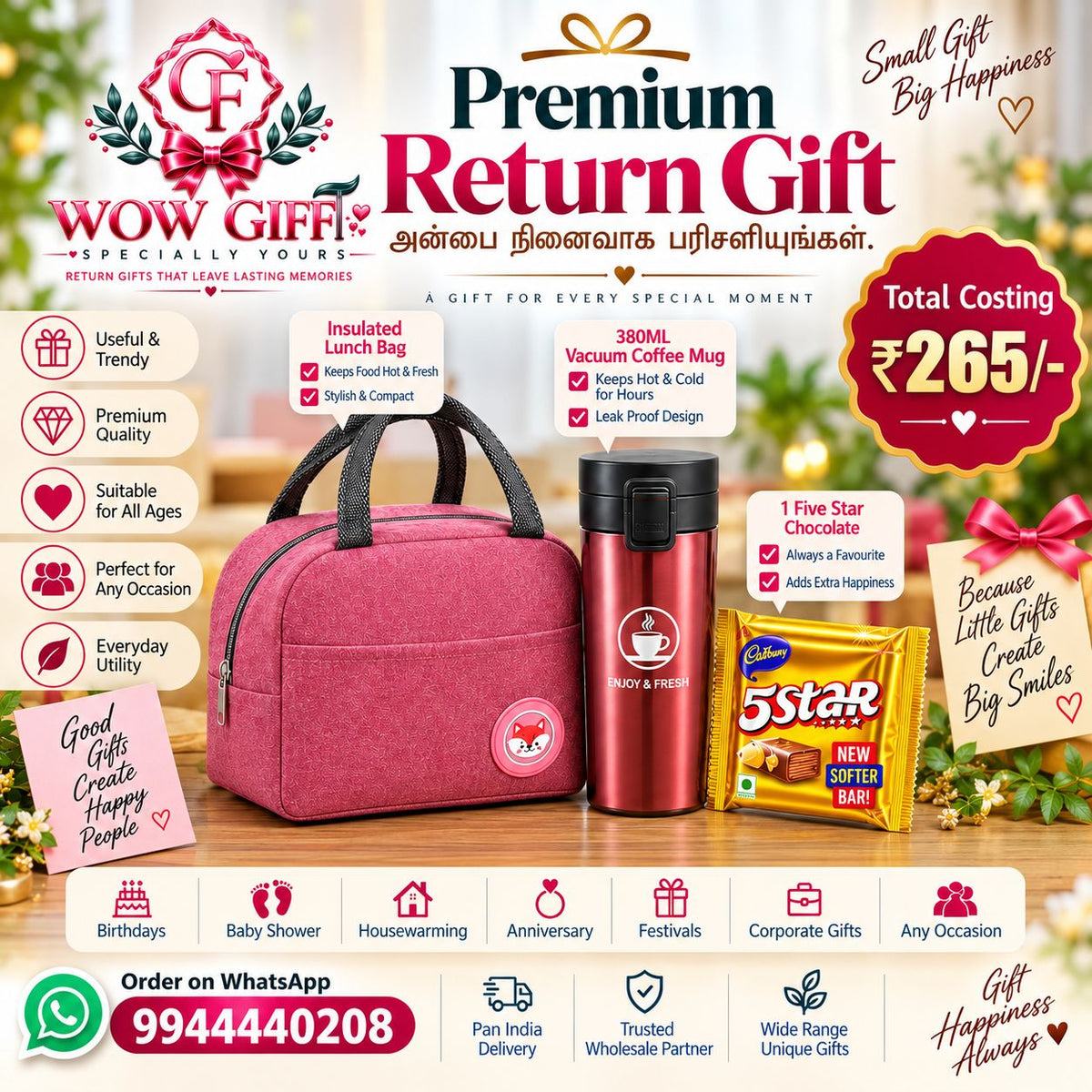 (NRC13) (MOQ: 30 Pcs) Return Gift Combo – Insulated Lunch Bag, 380ML Vacuum Coffee Mug & Cadbury 5 Star Chocolate