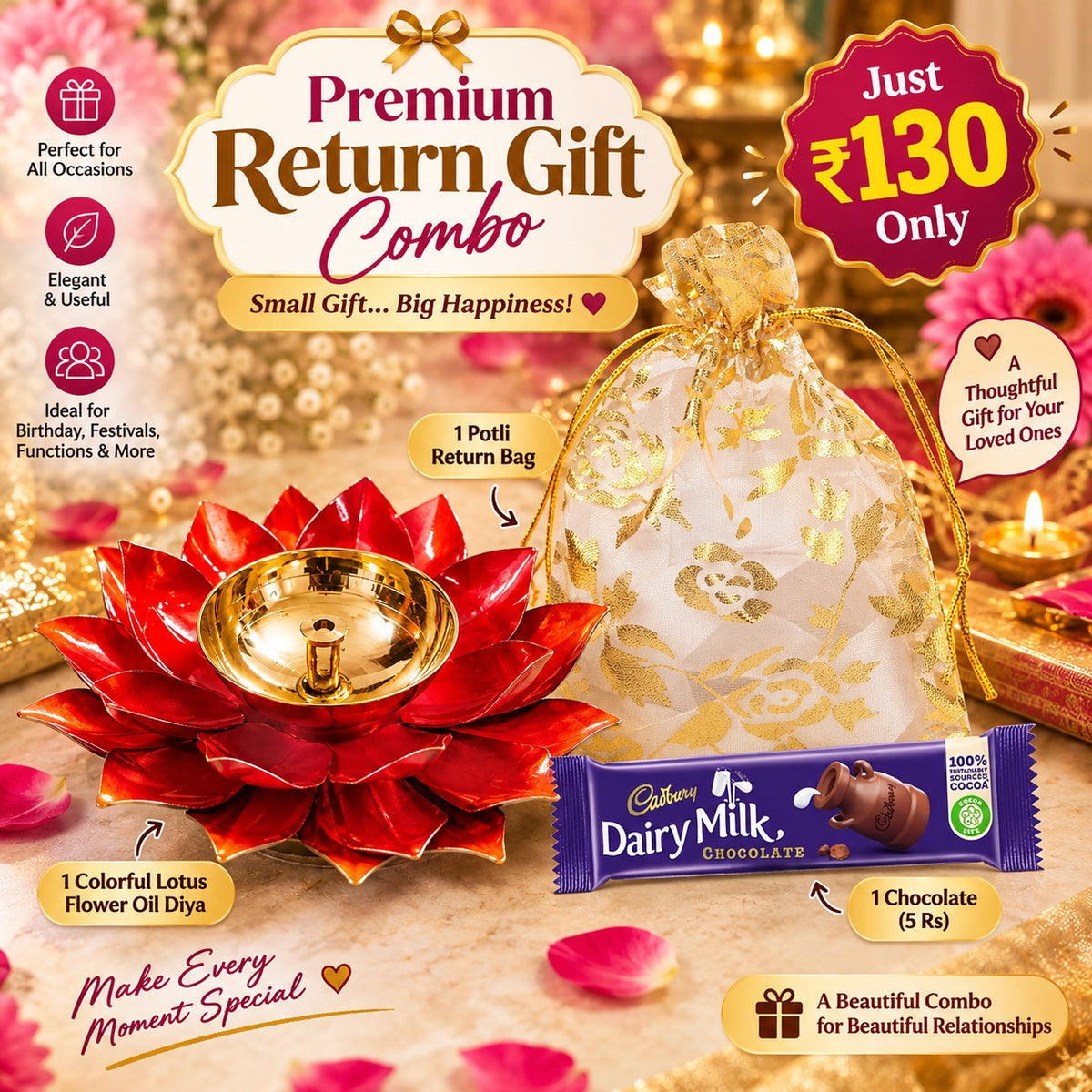(PRC5) (MOQ: 30 Pcs) Premium Return Gift Combo – Lotus Diya, Potli Bag & Chocolate