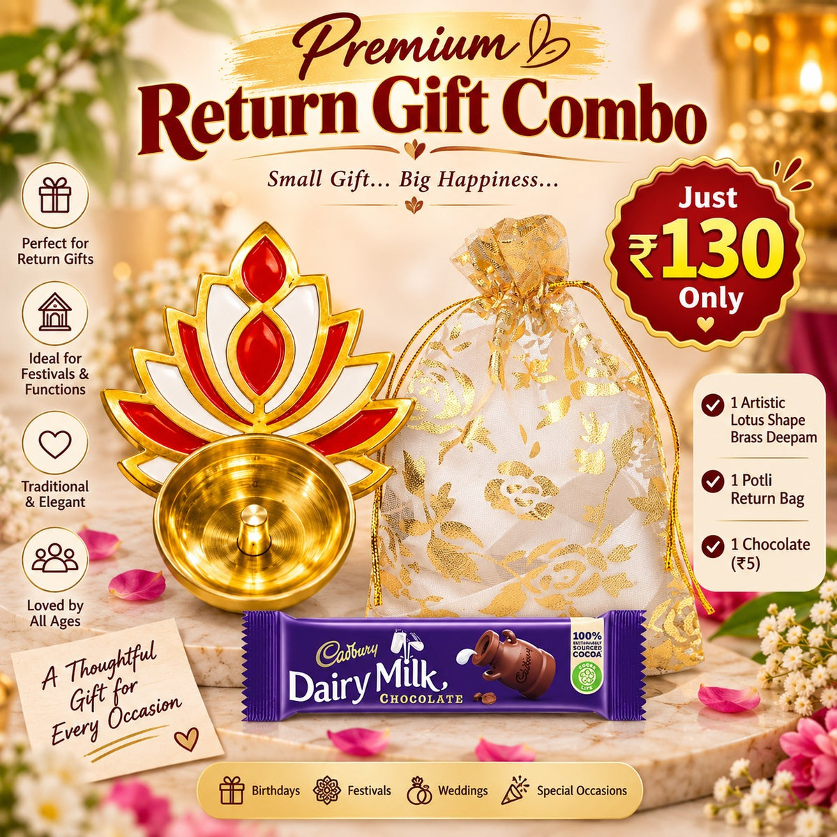 (PRC6) (MOQ: 30 Pcs) Premium Return Gift Combo – Artistic Lotus Brass Deepam, Potli Bag & Cadbury Dairy Milk