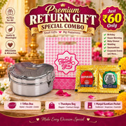 (PRC7) (MOQ: 30 Pcs) Return Gift Combo – Stainless Steel Tiffin Box, "Thank You"  Bag & Manjal-Kumkum Pocket