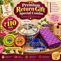 (PRC8) (MOQ: 30 Pcs) Return Gift Combo – Stainless Steel Tiffin Box, Blouse Piece, Glass Bangles & Manjal KumKum Set