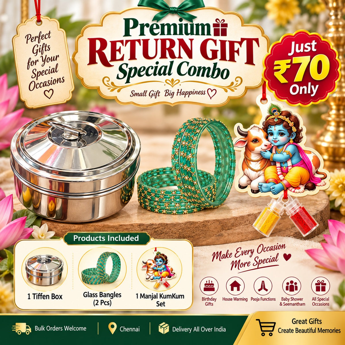 (PRC9) (MOQ: 30 Pcs) Return Gift Special Combo – Stainless Steel Tiffin Box, Glass Bangles & Little Krishna Manjal-KumKum Hanging Set