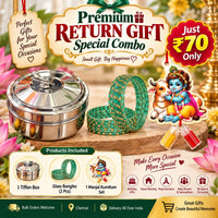 (PRC9) (MOQ: 30 Pcs) Return Gift Special Combo – Stainless Steel Tiffin Box, Glass Bangles & Little Krishna Manjal-KumKum Hanging Set