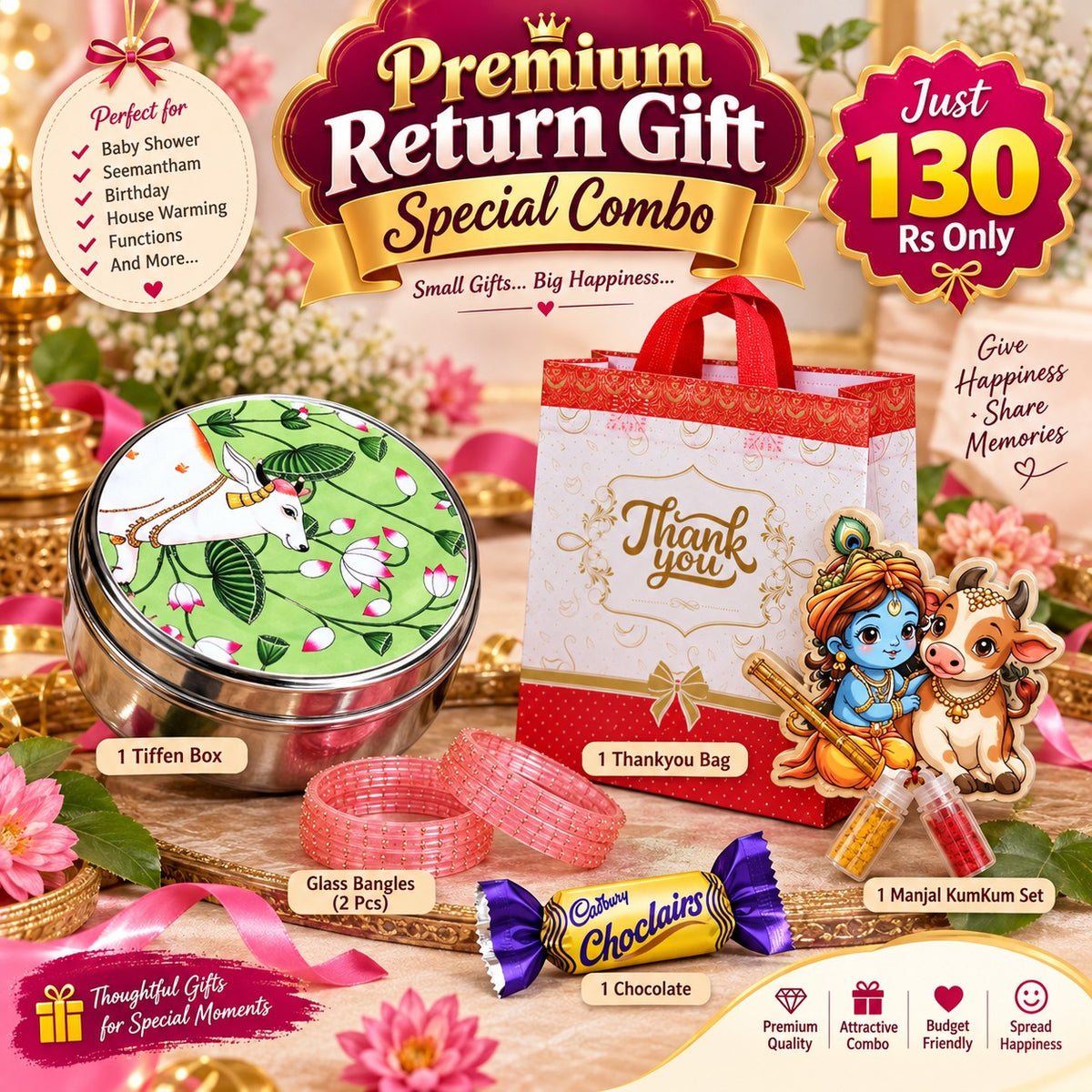 (PRC10) (MOQ: 30 Pcs) Return Gift Combo – Printed Tiffin Box, "Thank You" Bag, Bangles, Choclairs & Manjal-KumKum Set