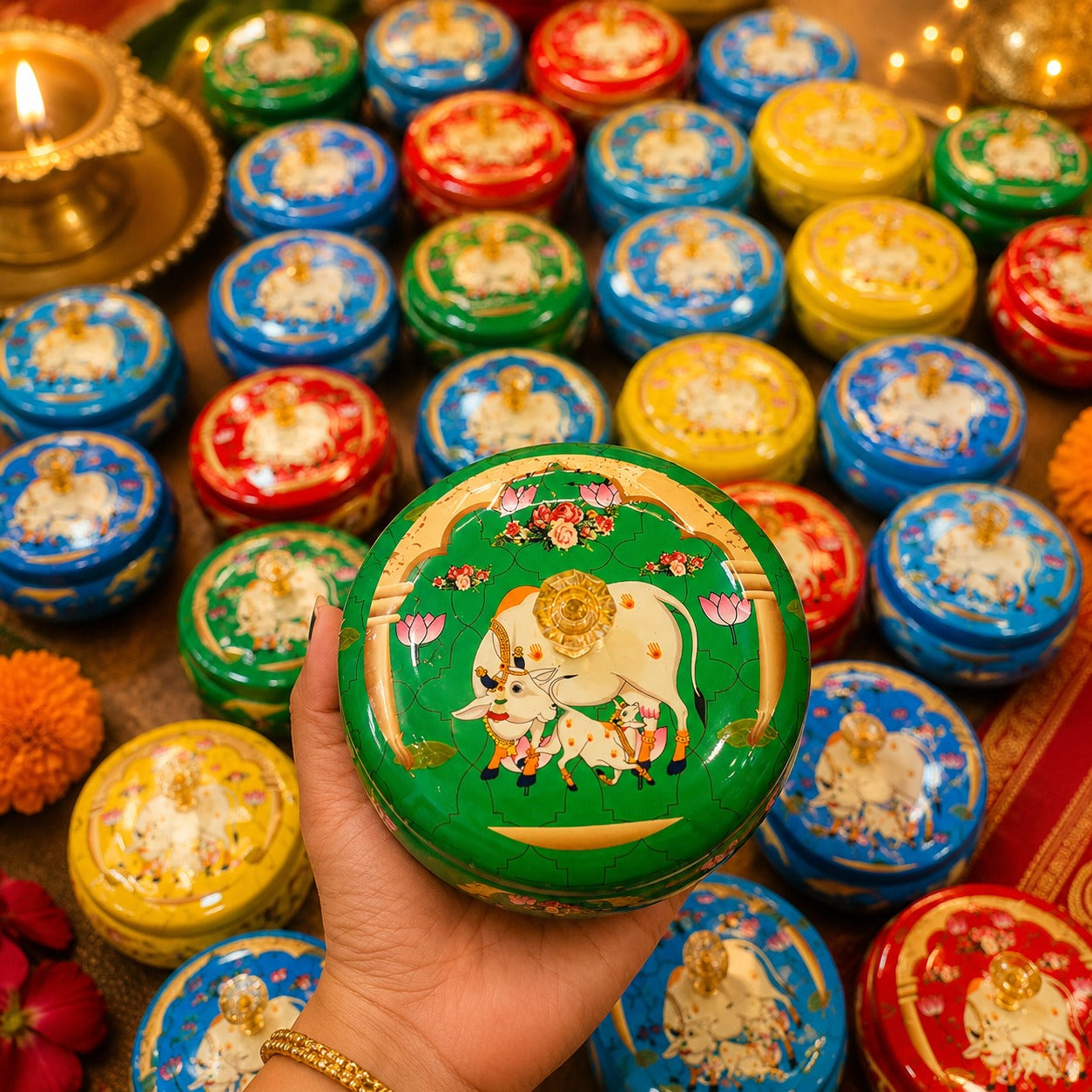 (R-005) (MOQ: 10 Pieces) Decorative Handi Container with Pichwai Cow Print