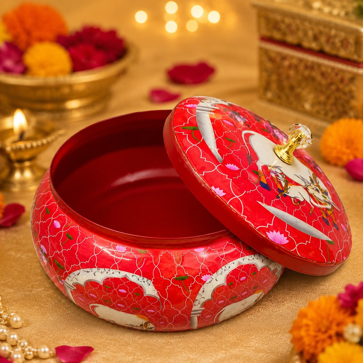 (R-005) (MOQ: 10 Pieces) Decorative Handi Container with Pichwai Cow Print