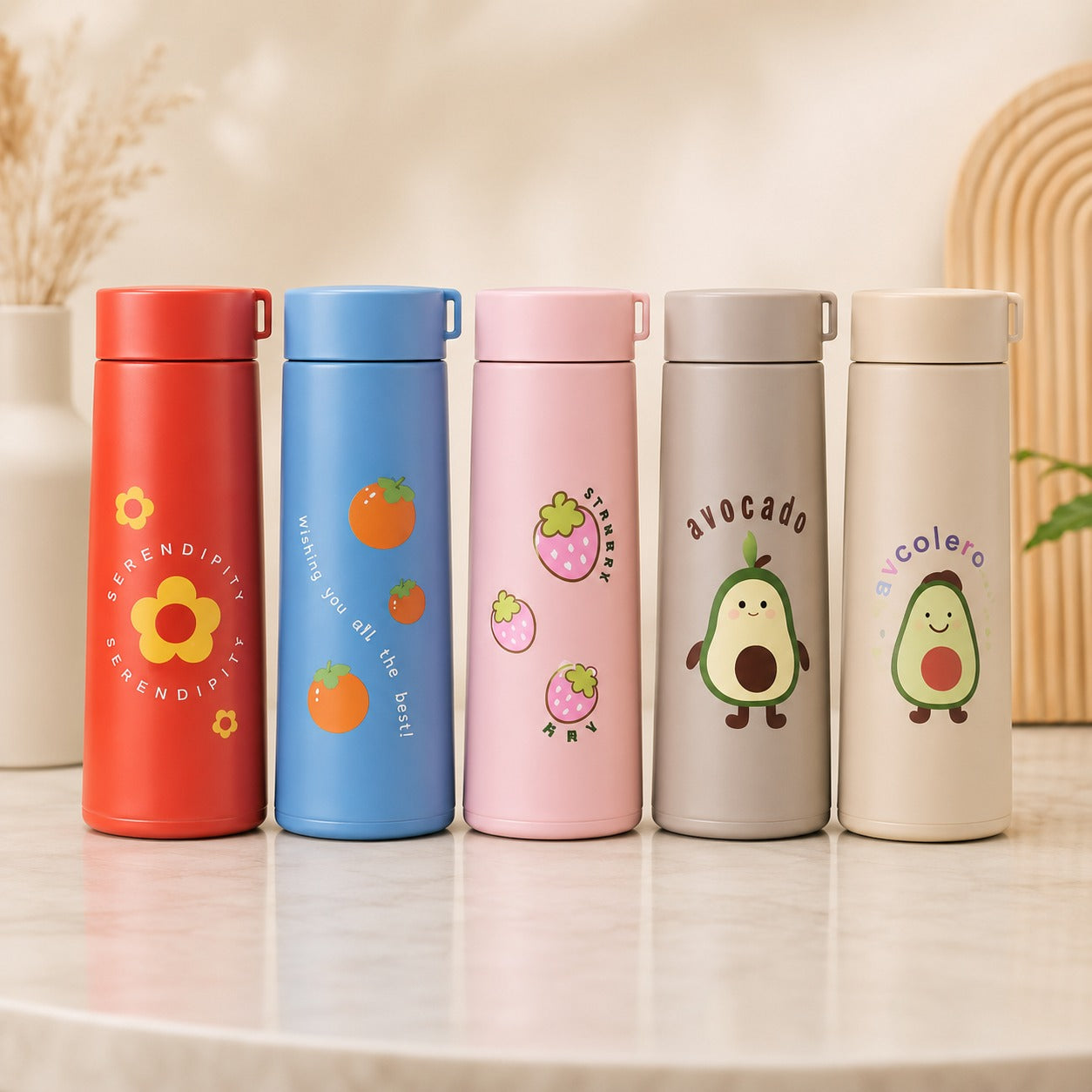 (B-053) (MOQ-4Pcs) Korean Glass 400 ML Water Bottle - Multi Designs Print Bottle