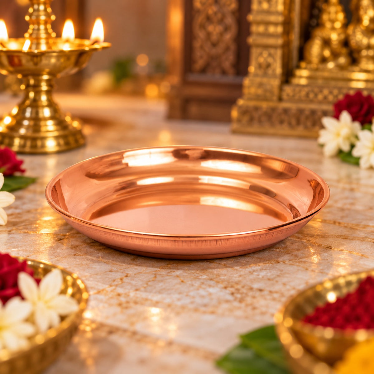(MG13) (MOQ: 6 Pcs) Small Copper Pooja Plate for Traditional Festive Rituals