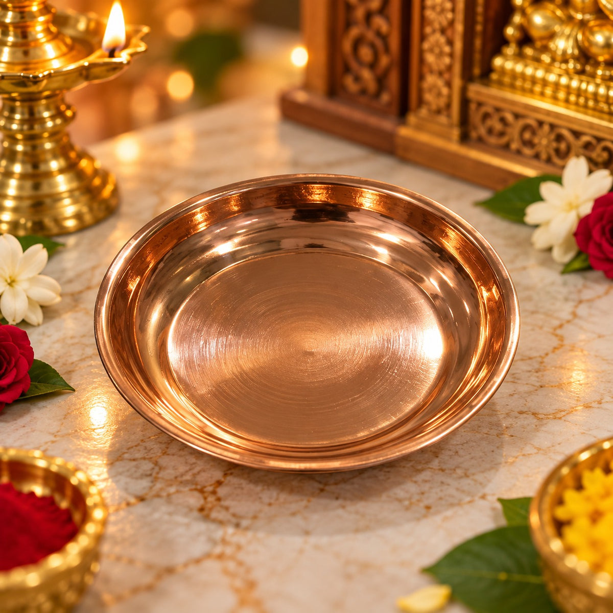 (MG13) (MOQ: 6 Pcs) Small Copper Pooja Plate for Traditional Festive Rituals