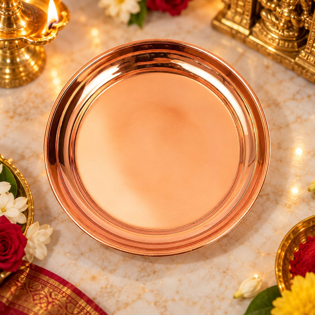 (MG13) (MOQ: 6 Pcs) Small Copper Pooja Plate for Traditional Festive Rituals