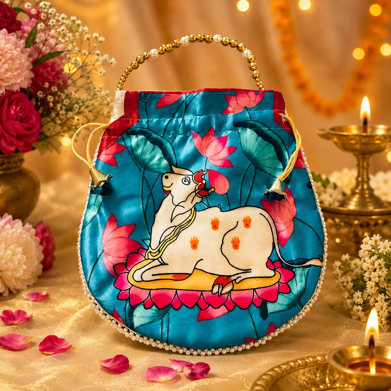 (R-007) (MOQ: 10 Pcs) Traditional Cow Print Potli Bags for Return Gifts