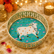 (R-018) Pichwai Cow Print Design German Silver Tray for Pooja & Return Gifts
