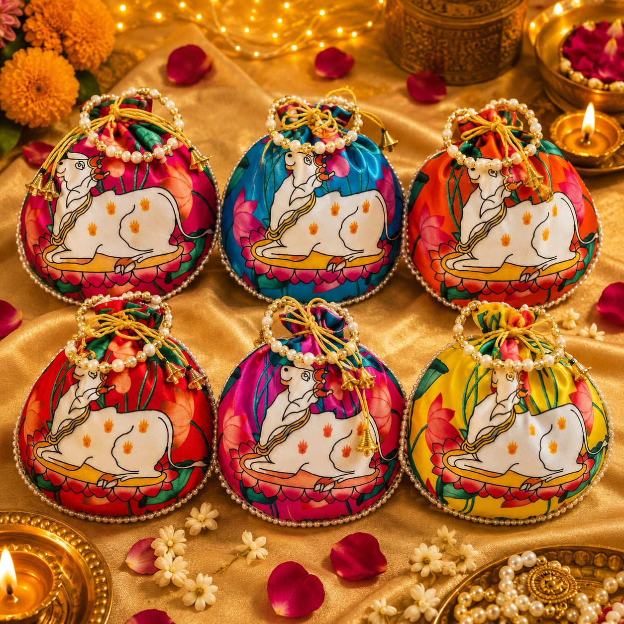 (R-007) (MOQ: 10 Pcs) Traditional Cow Print Potli Bags for Return Gifts
