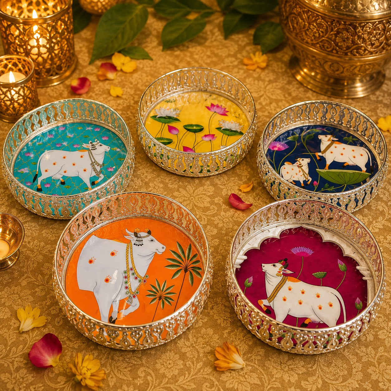 (R-018) Pichwai Cow Print Design German Silver Tray for Pooja & Return Gifts