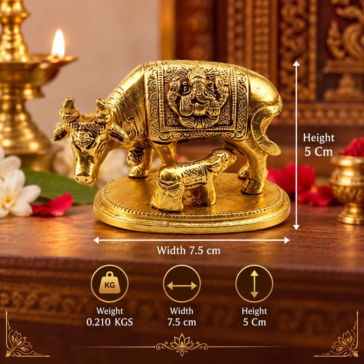 (MG18) (MOQ: 30 Pcs) Large Golden Finish Kamdhenu Cow with Calf Idol for Traditional Pooja