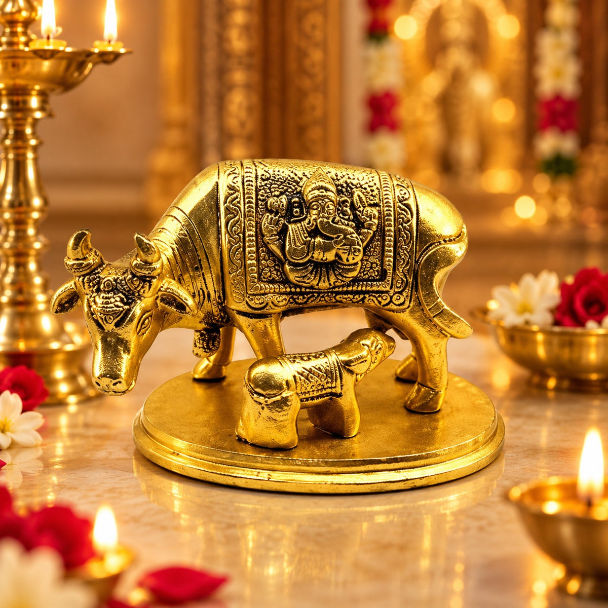 (MG18) (MOQ: 30 Pcs) Large Golden Finish Kamdhenu Cow with Calf Idol for Traditional Pooja
