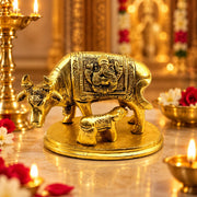 (MG18) (MOQ: 30 Pcs) Large Golden Finish Kamdhenu Cow with Calf Idol for Traditional Pooja