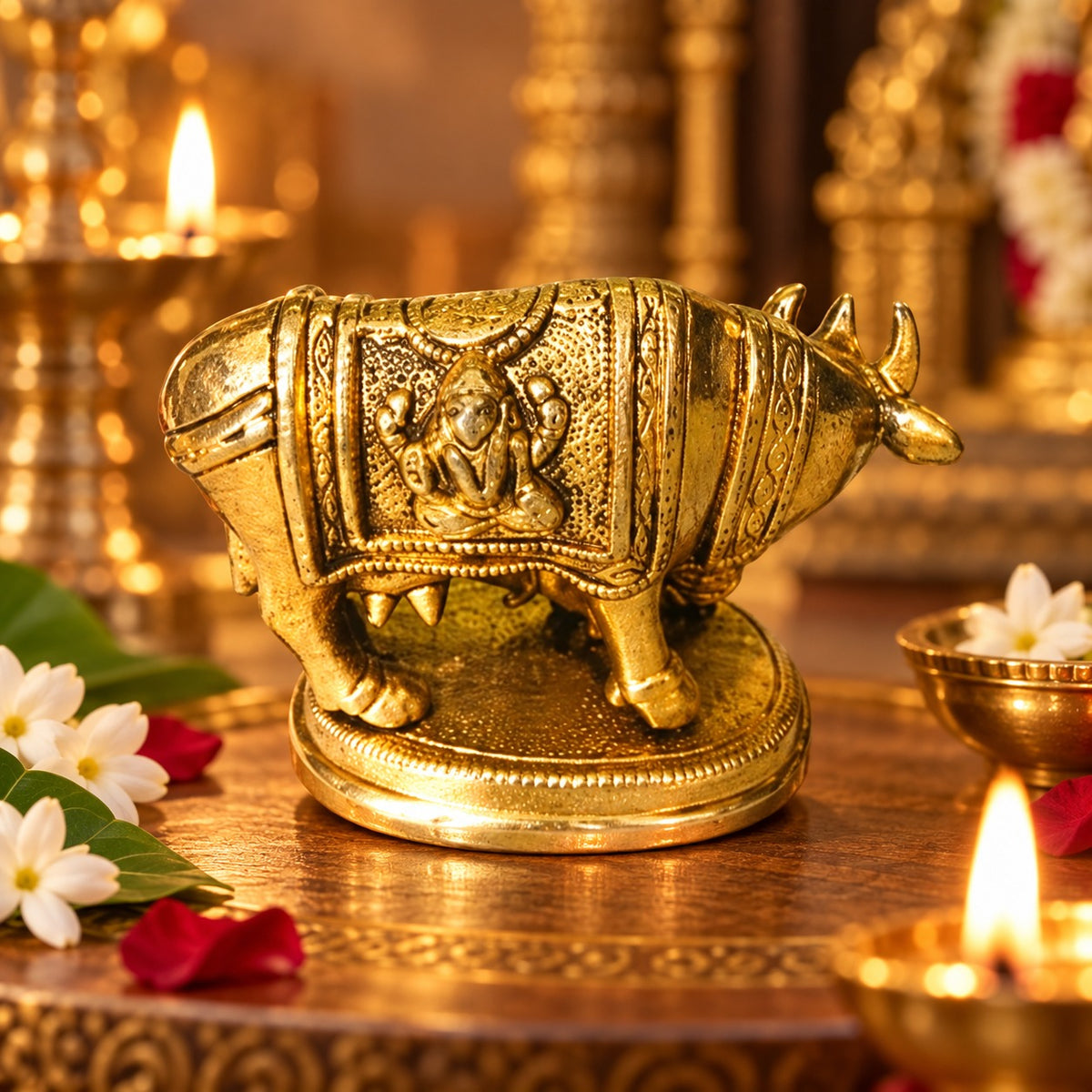 (MG18) (MOQ: 30 Pcs) Large Golden Finish Kamdhenu Cow with Calf Idol for Traditional Pooja