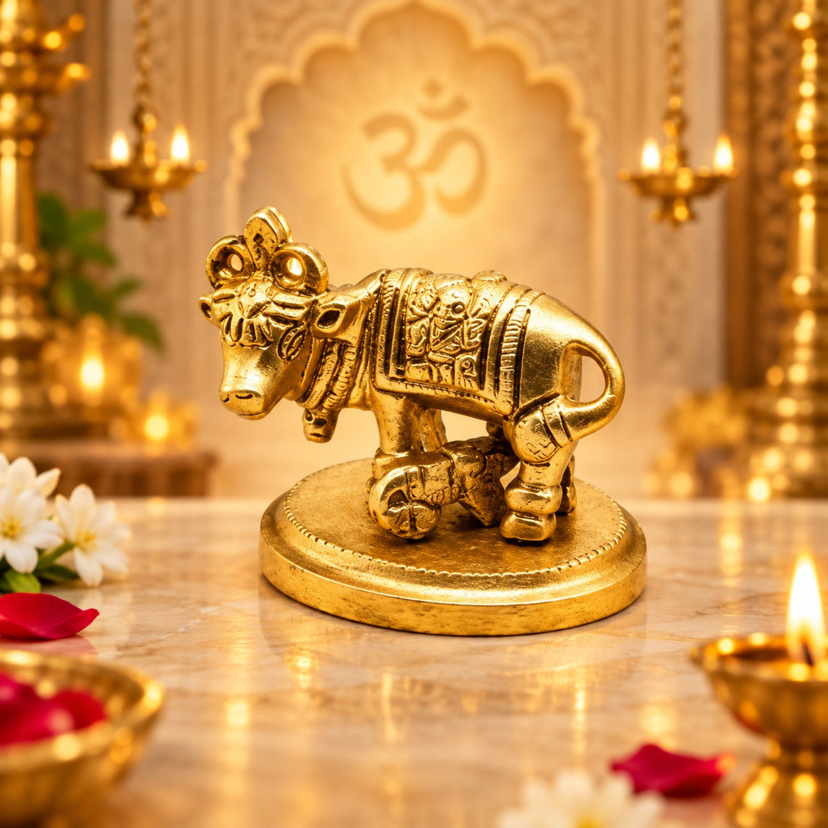 (MG14) (MOQ: 30 Pcs) Small Golden Finish Kamdhenu Cow with Calf Idol for Daily Pooja