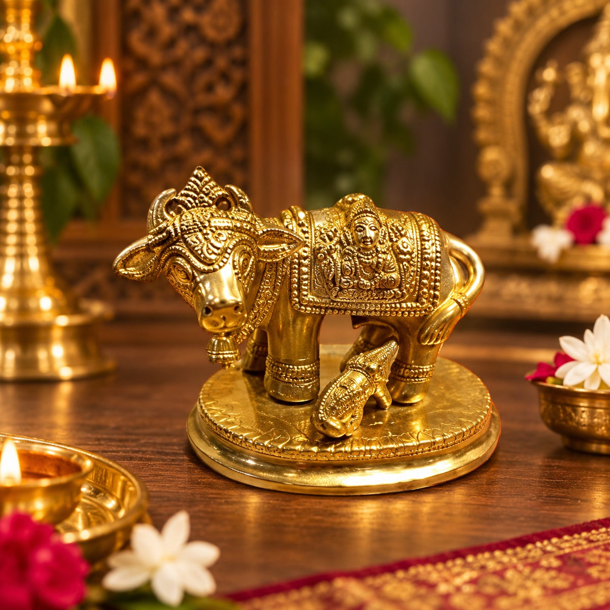 (MG14) (MOQ: 30 Pcs) Small Golden Finish Kamdhenu Cow with Calf Idol for Daily Pooja