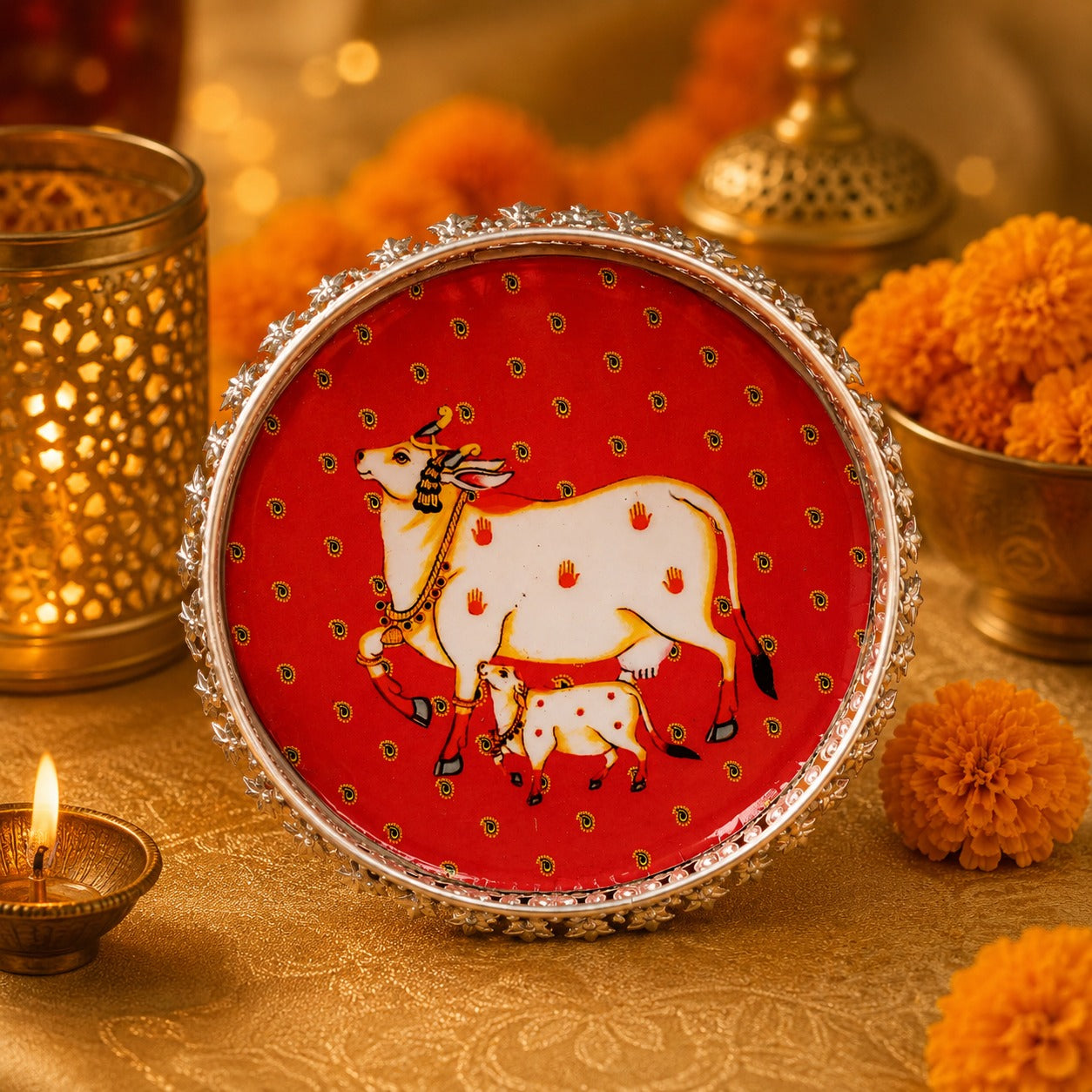 (R-018) Pichwai Cow Print Design German Silver Tray for Pooja & Return Gifts