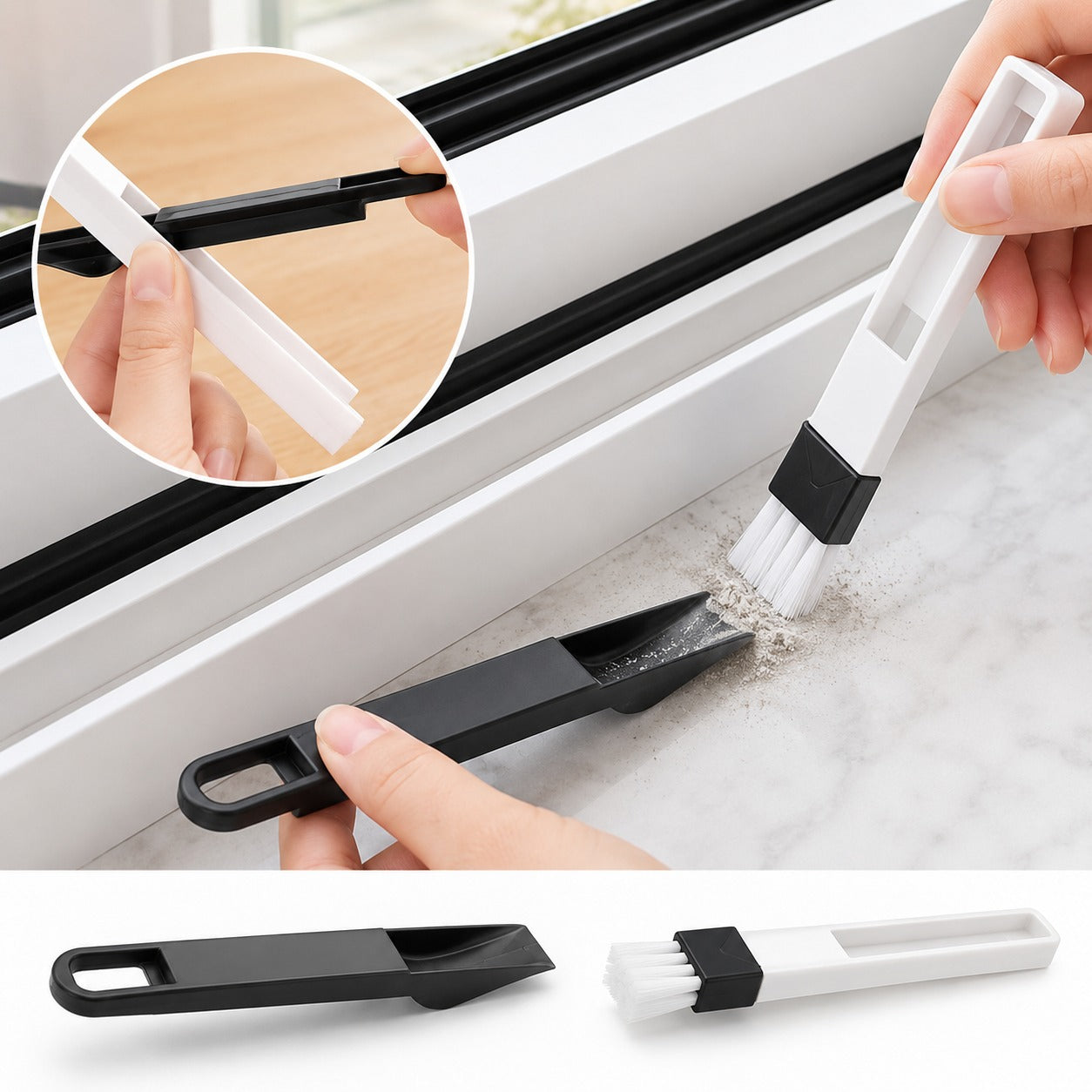 (HL-017) (MOQ: 4 Pcs) Window Groove Cleaning Brush with Dustpan & Detachable Handle