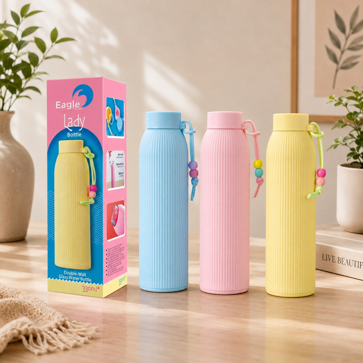 (B62) (MOQ: 2 Pcs) Eagle Lady Glass Water Bottle 330 ML - Stylish Drinking Bottle