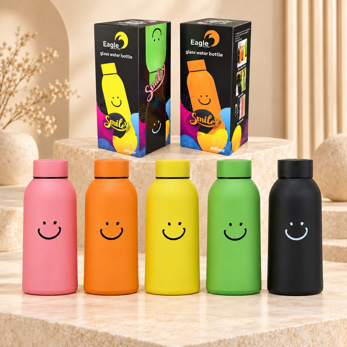 (B68) (MOQ: 4 Pcs) Eagle Smiley Glass Water Bottle 400 ML with Smiley Emoji Print