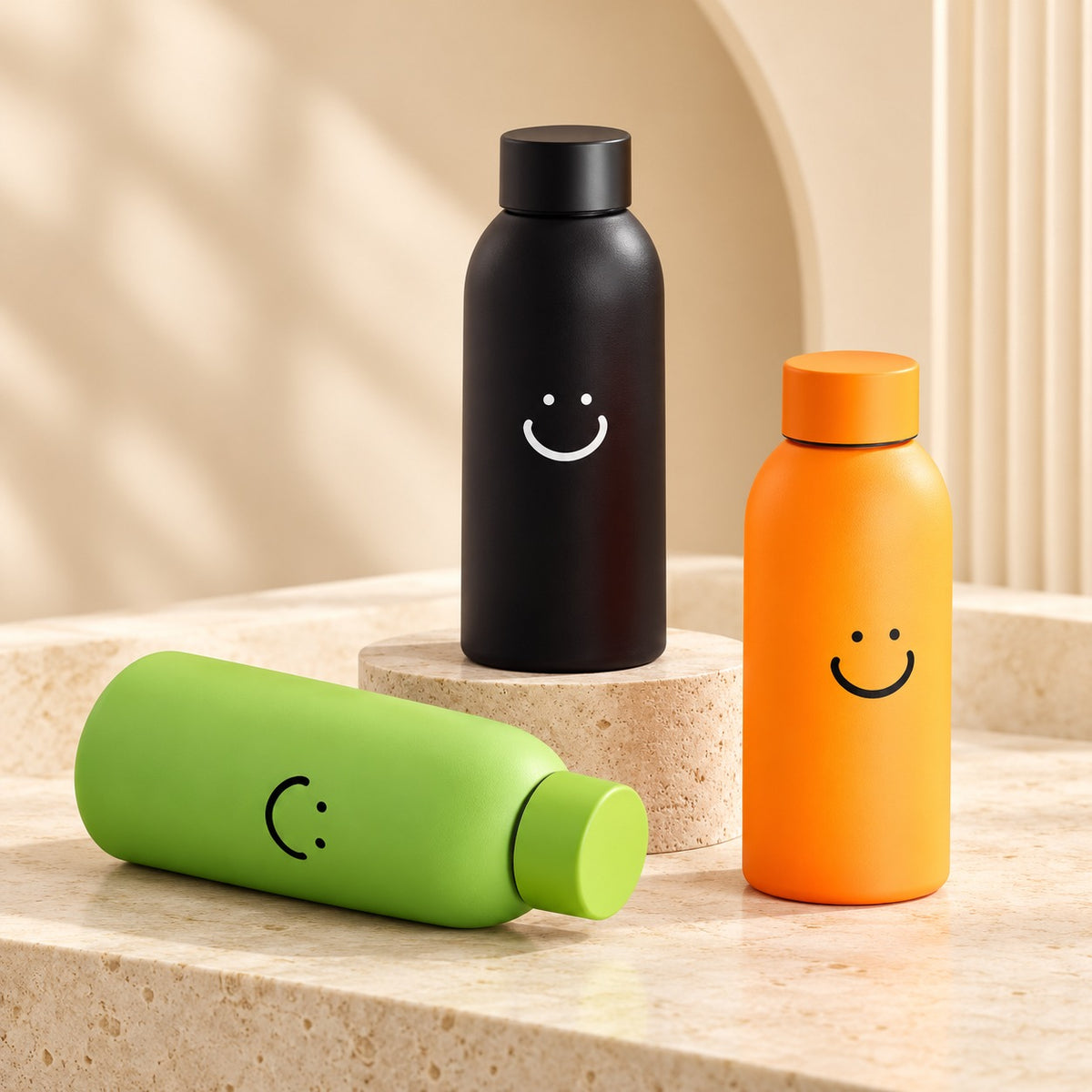 (B68) (MOQ: 4 Pcs) Eagle Smiley Glass Water Bottle 400 ML with Smiley Emoji Print
