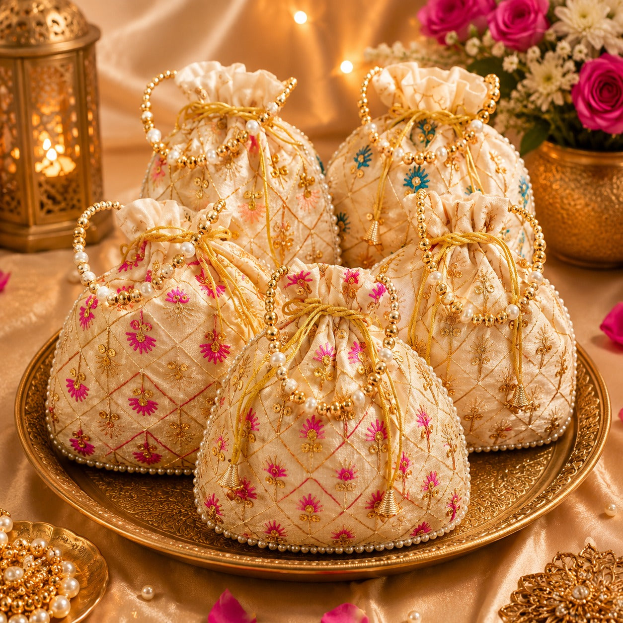 (R-010) (MOQ: 10 Pcs) Embroidered Potli Bags for Gifts & Return Favors