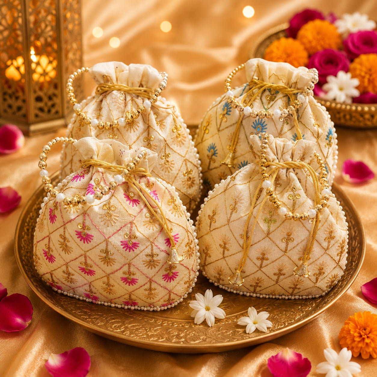 (R-010) (MOQ: 10 Pcs) Embroidered Potli Bags for Gifts & Return Favors