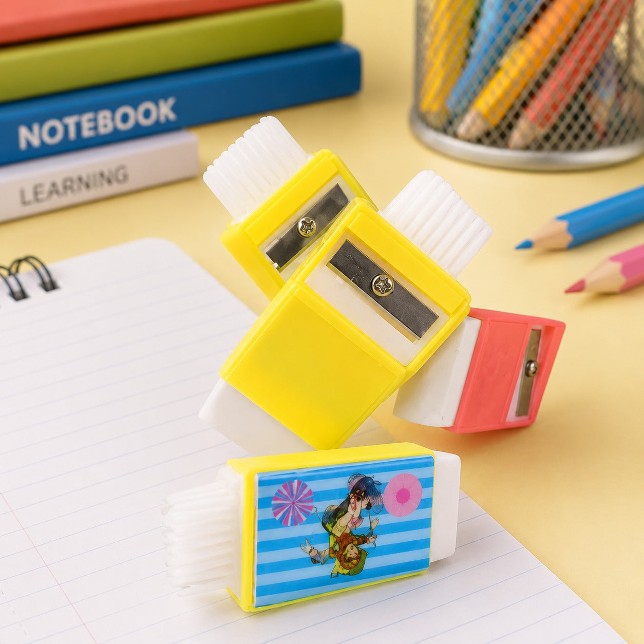 (S-009) (MOQ-10 Pcs) 3-in-1 Eraser Sharpener with Cleaning Brush and Non-Toxic Eraser
