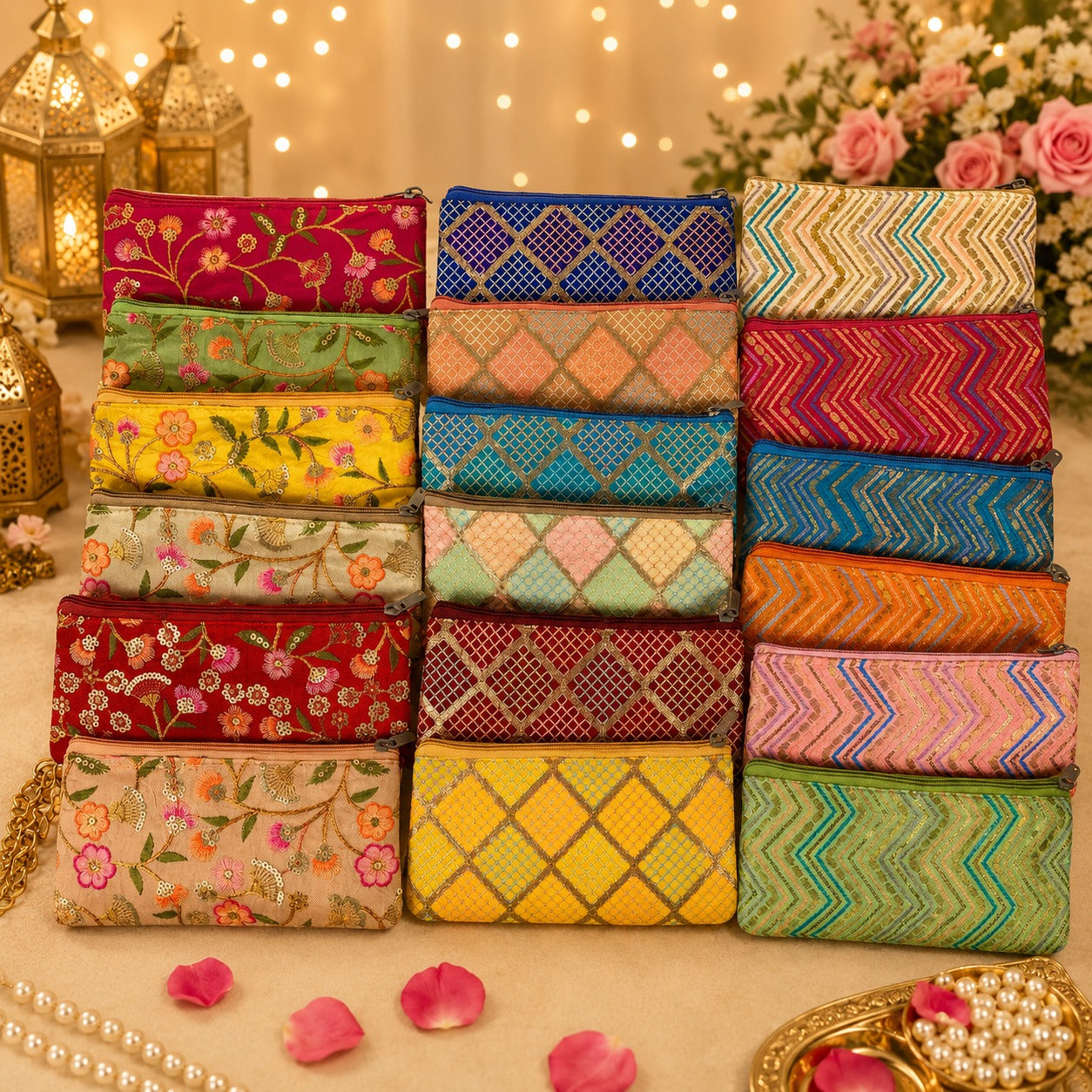 (R-014) (MOQ 10+ Pieces) Embroidered Fabric Zip Pouches for Gifts & Daily Use