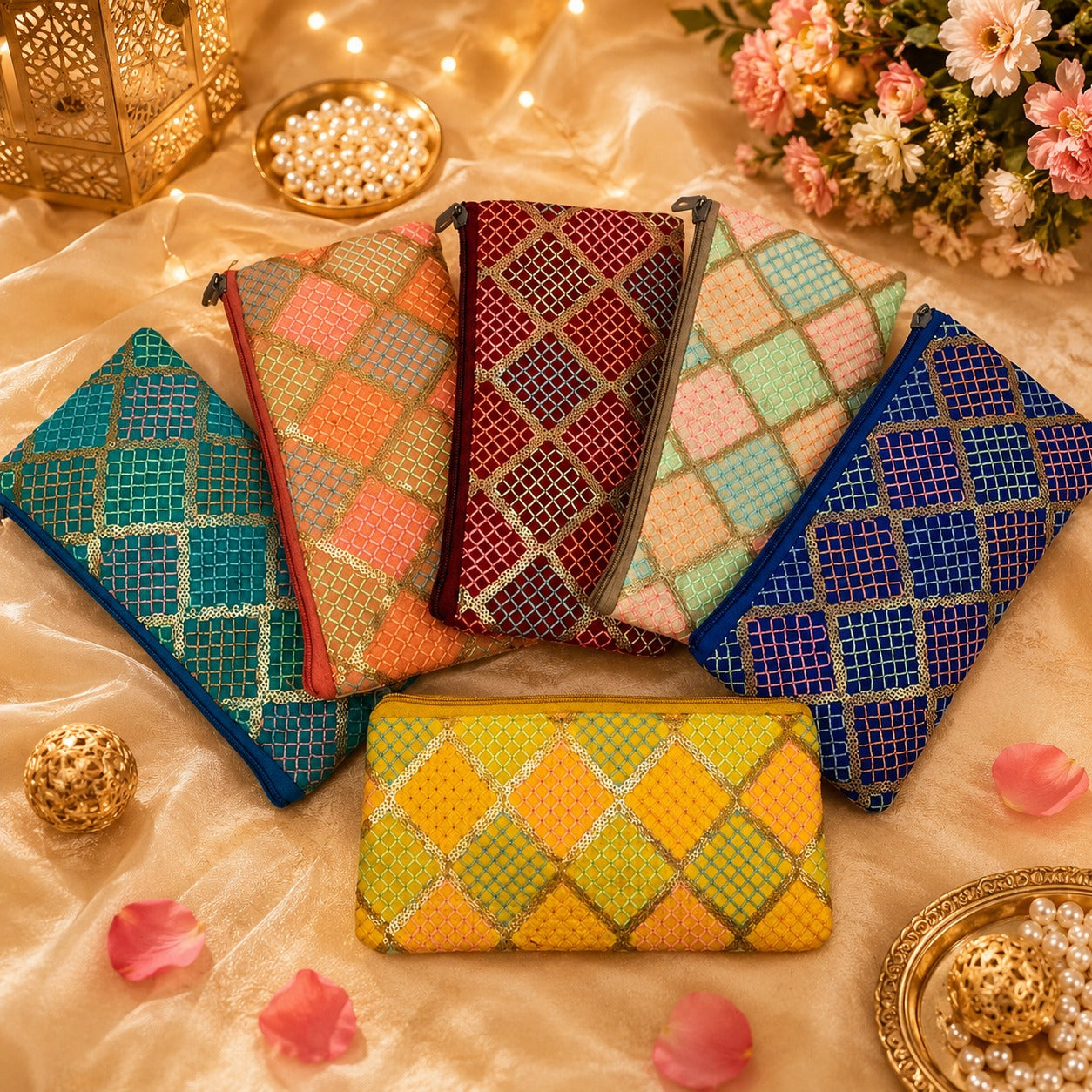(R-014) (MOQ 10+ Pieces) Embroidered Fabric Zip Pouches for Gifts & Daily Use