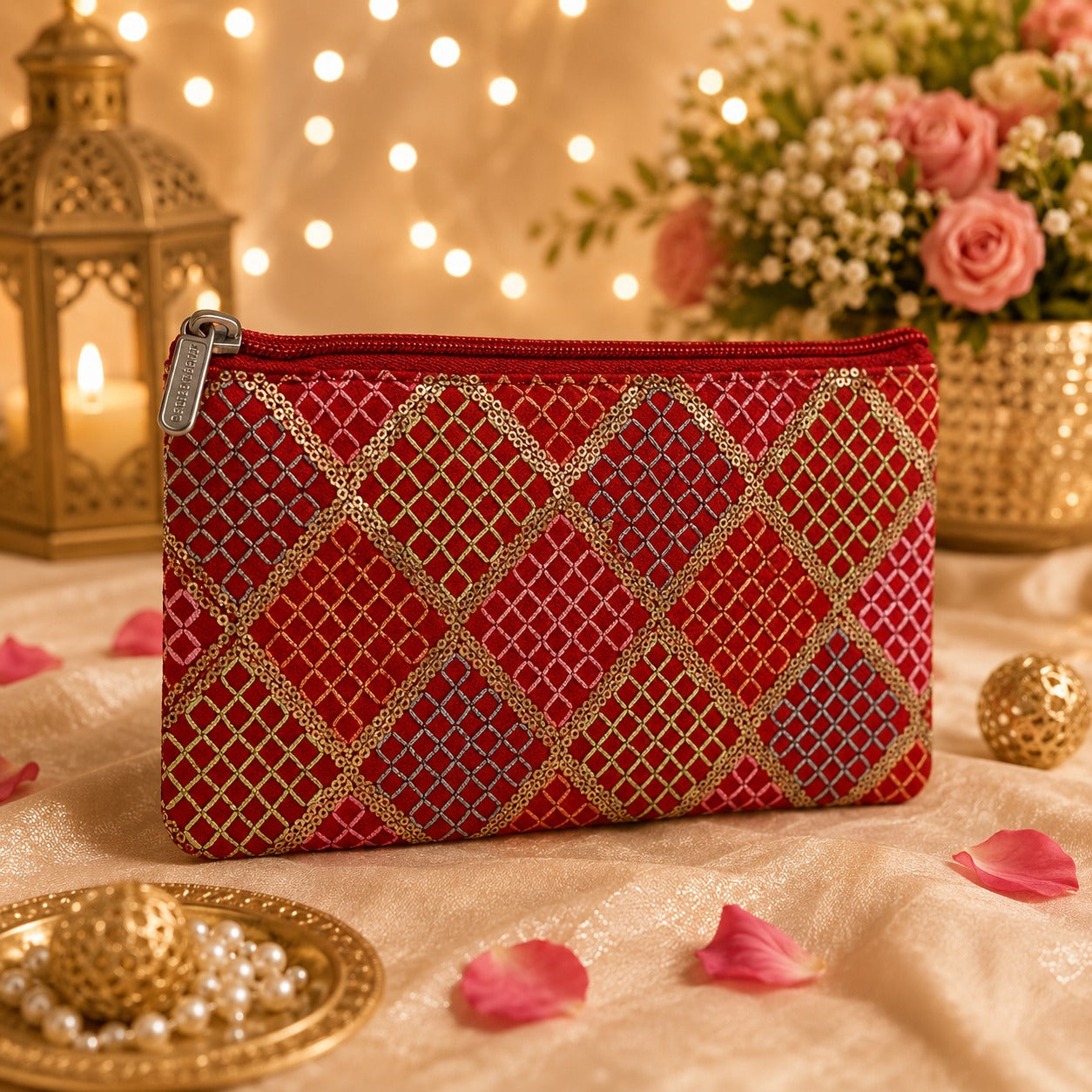 (R-014) (MOQ 10+ Pieces) Embroidered Fabric Zip Pouches for Gifts & Daily Use