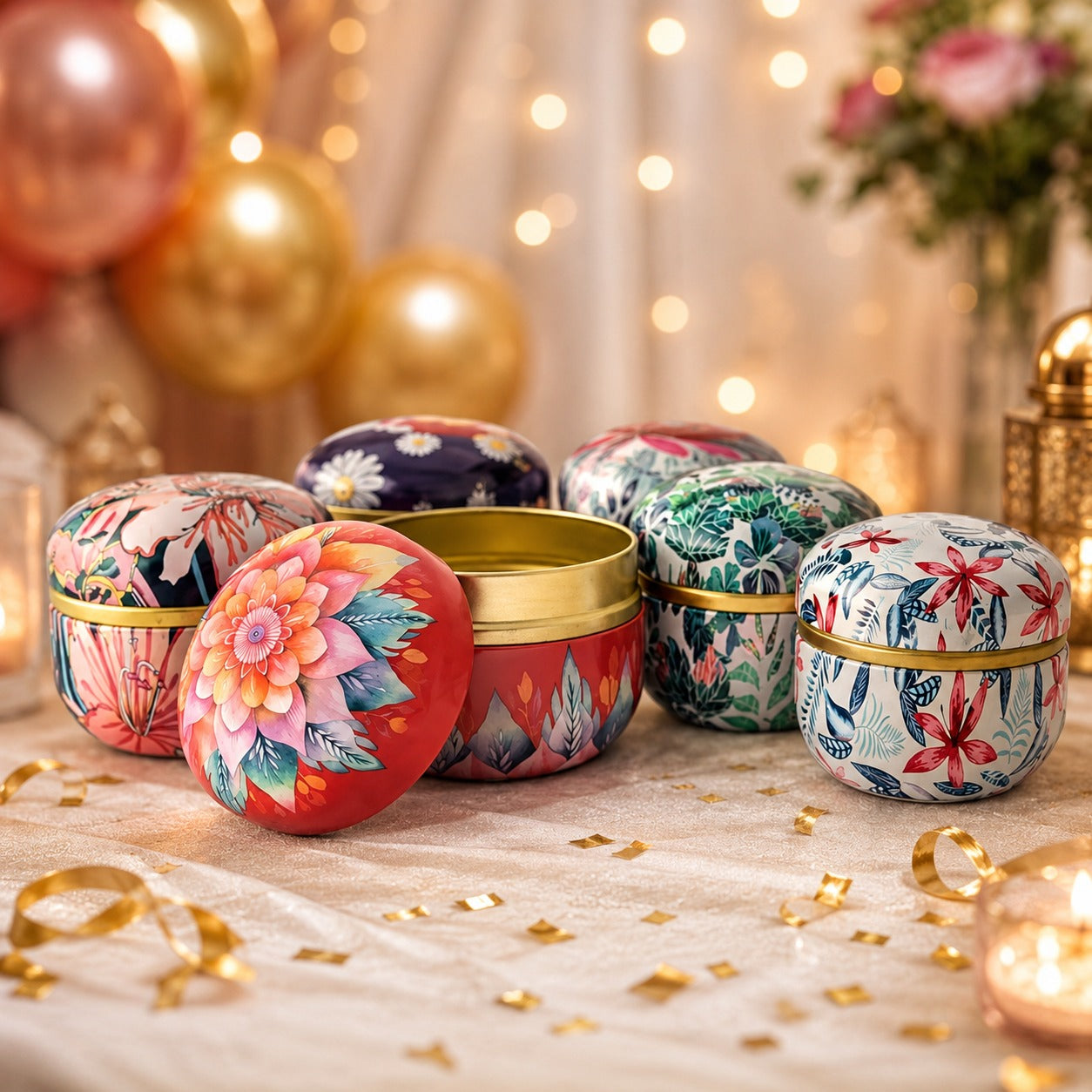 (G-045) (MOQ: 4 Pcs) Floral Print Candle Tin Box – Decorative Metal Storage Container