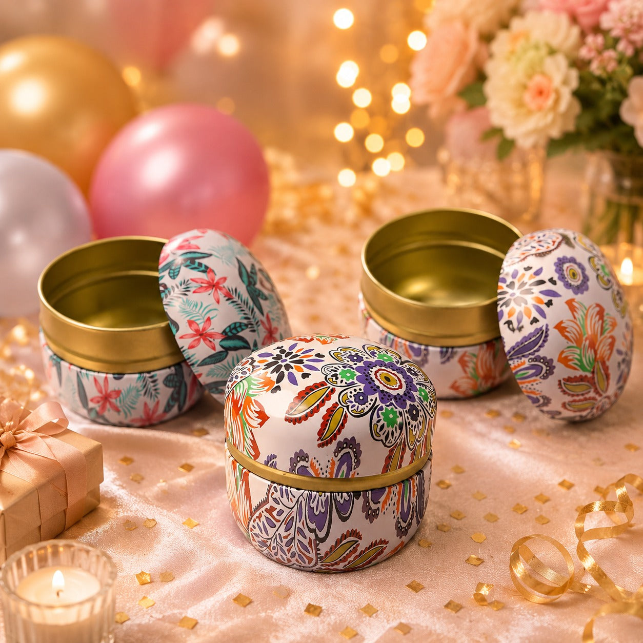 (G-045) (MOQ: 4 Pcs) Floral Print Candle Tin Box – Decorative Metal Storage Container