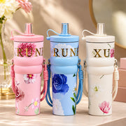 (B-052) Floral Print Stainless Steel Vacuum Insulated Tumbler with Straw & Carry Strap