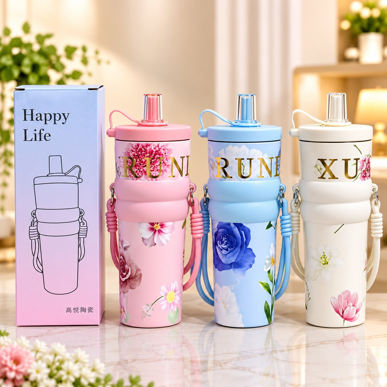 (B-052) Floral Print Stainless Steel Vacuum Insulated Tumbler with Straw & Carry Strap