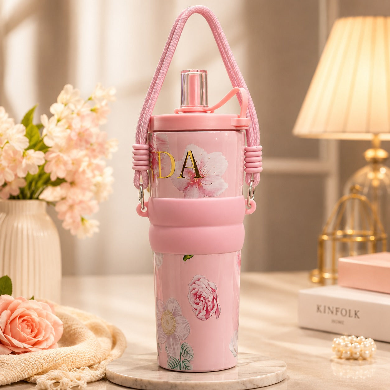 (B-052) Floral Print Stainless Steel Vacuum Insulated Tumbler with Straw & Carry Strap
