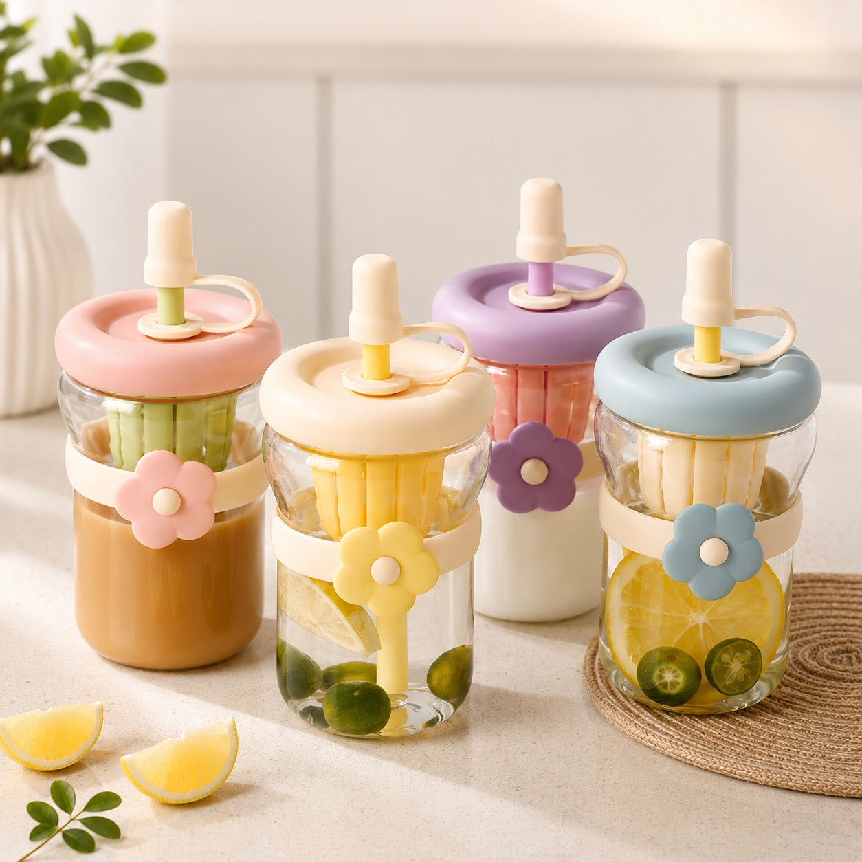 (B-038) (MOQ :4 Pcs) Korean Style Cute Flower Band 500ml Glass Sipper Bottle