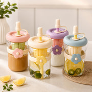 (B-038) (MOQ :4 Pcs) Korean Style Cute Flower Band 500ml Glass Sipper Bottle