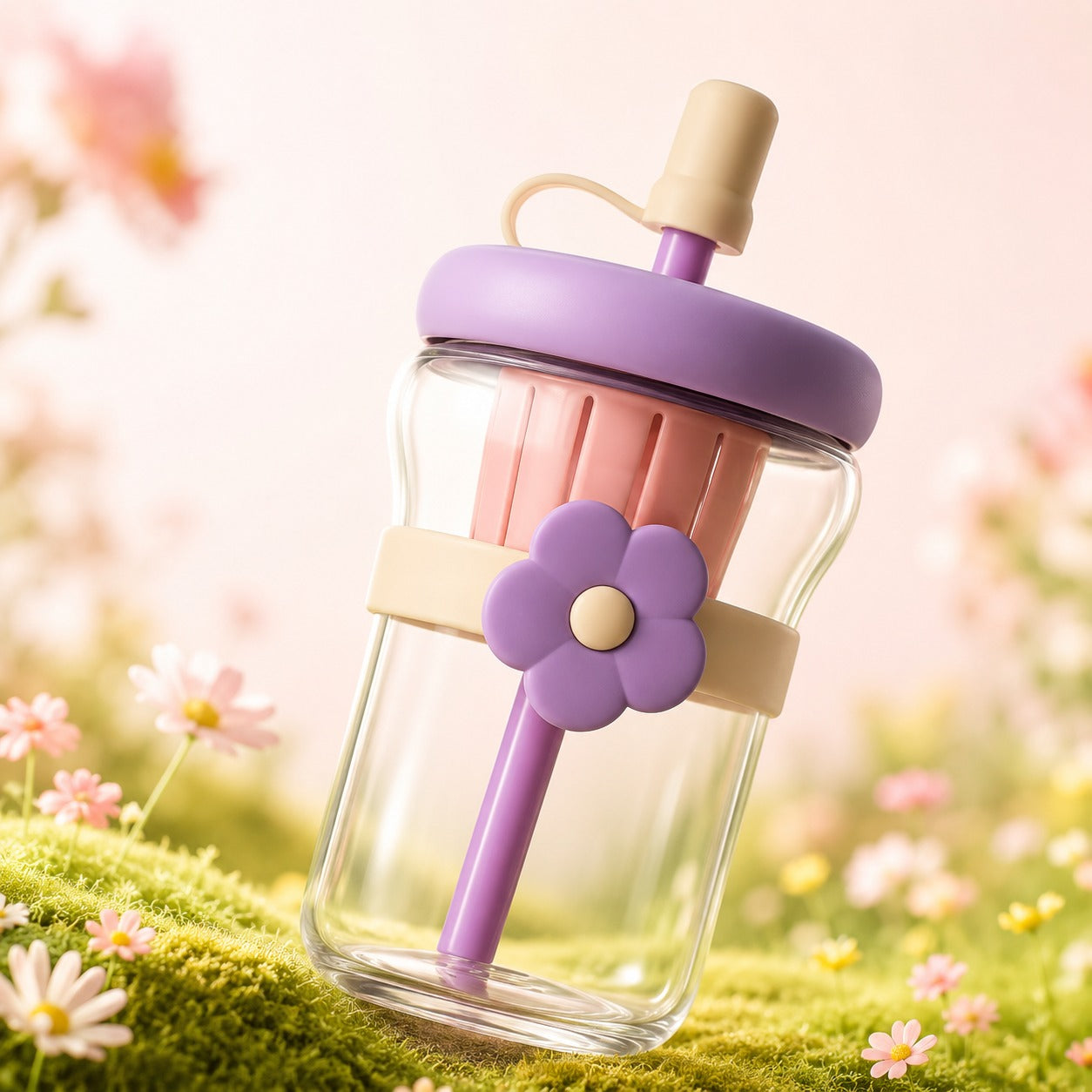 (B-038) (MOQ :4 Pcs) Korean Style Cute Flower Band 500ml Glass Sipper Bottle
