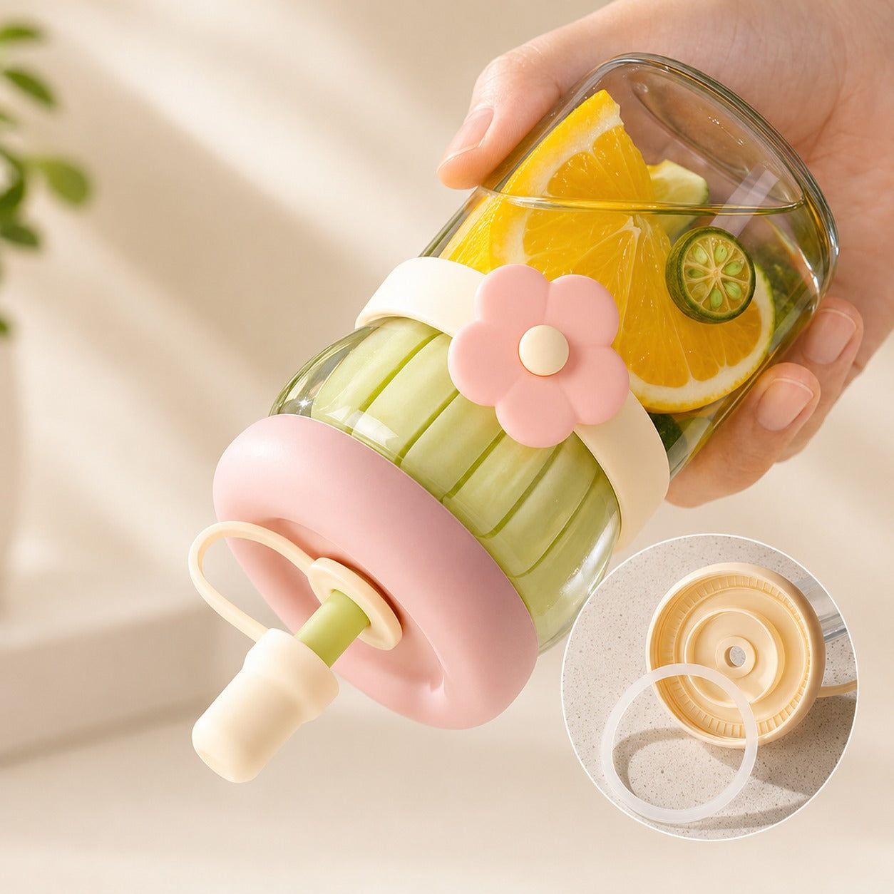 (B-038) (MOQ :4 Pcs) Korean Style Cute Flower Band 500ml Glass Sipper Bottle